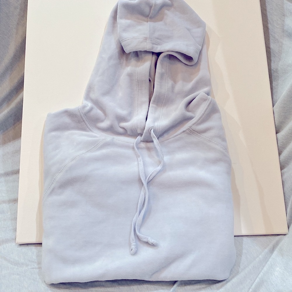 J Crew Velour Hoodie Pullover & Center Pocket Vintage Wash Light Blue Small VGUC